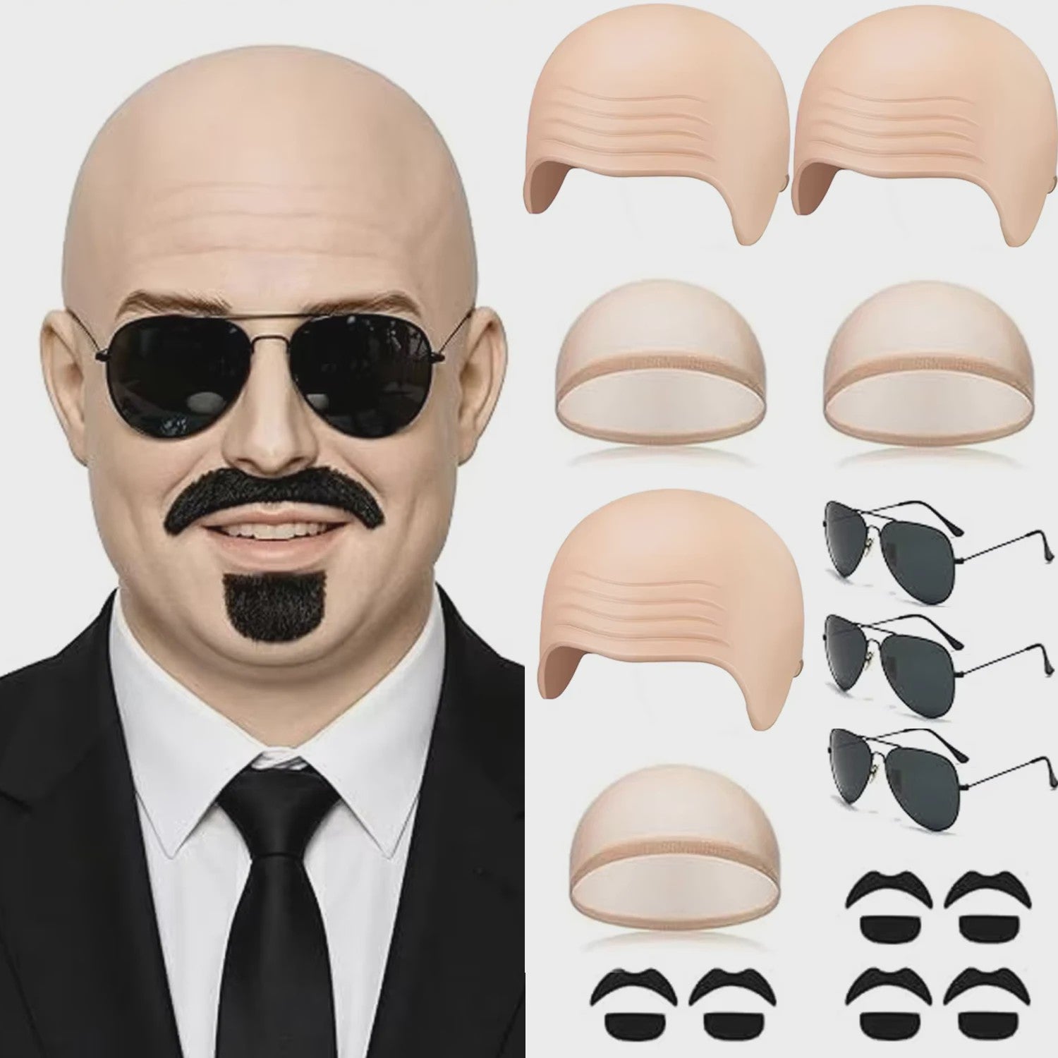 Set van 4 Kale Hoofd Pruikenkapjes & Accessoires voor Cosplay en Feest