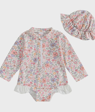 Zomerse Baby Meisjes Zwempak met Bloemenprint, Lange Mouwen en Ruches