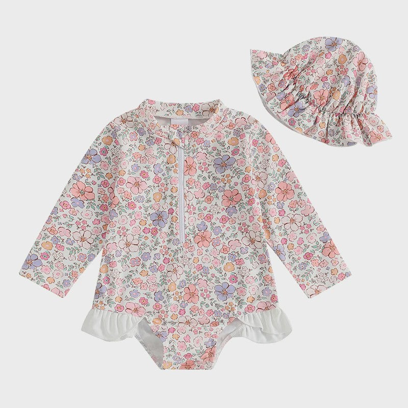 Zomerse Baby Meisjes Zwempak met Bloemenprint, Lange Mouwen en Ruches