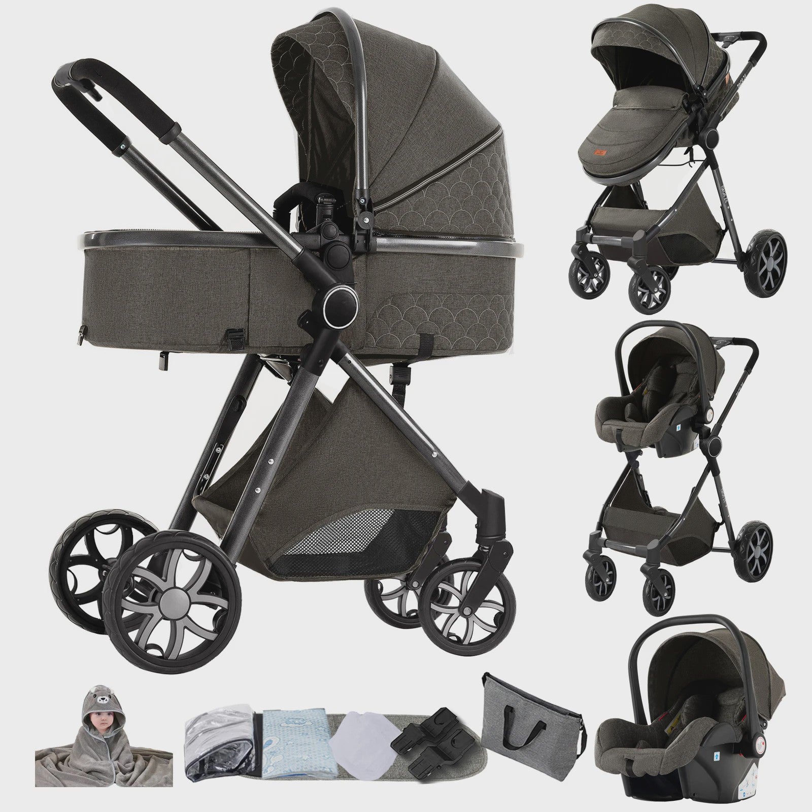 Magic ZC Premium 3-in-1 Baby Reiswieg & Kinderwagen Set - Luxe Beige, Compact, Inclusief Autostoel & Draagmand, Geschikt Vanaf Geboorte