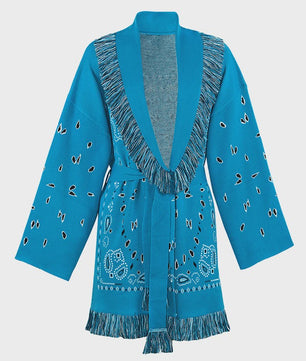 Gebreide Dames Cardigan met Patchwork Print, V-hals en Franjes - Stijlvolle Herfstjas