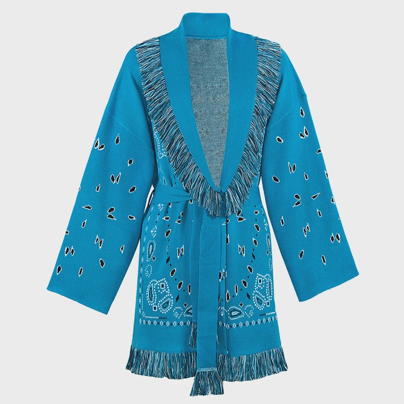 Gebreide Dames Cardigan met Patchwork Print, V-hals en Franjes - Stijlvolle Herfstjas