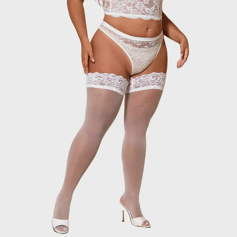 Ultra Dunne Kant Kousen tot Boven de Knie voor Plus Size Dames - Zwart & Wit