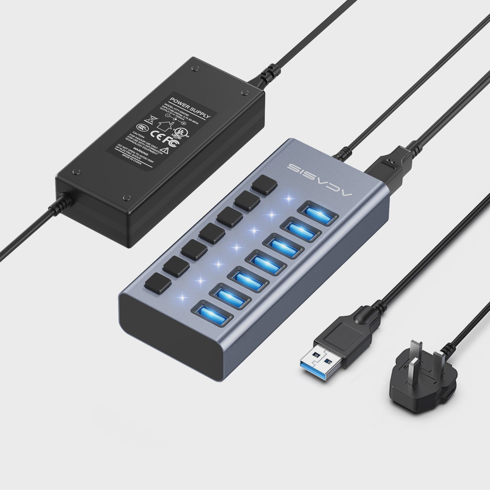 Acasis 16-Poorts USB Hub 10Gbps met Individuele Schakelaars & Snelle Data Transfer