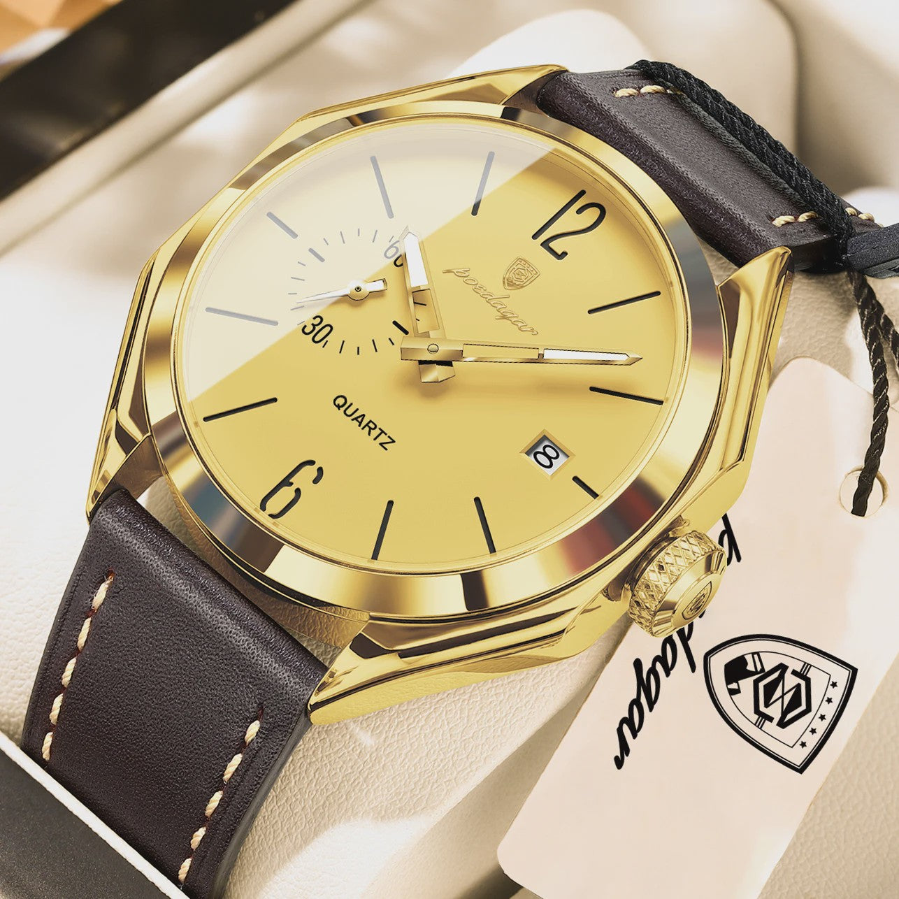 POEDAGAR Herenhorloge Leer - Zakelijk & Casual Kwarts Horloge met Datum & Waterdicht