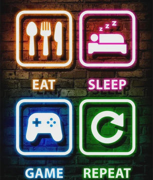 Gaming Neon Canvas Poster: Eat Sleep Game Repeat - Decoratie voor Gamer Kamer