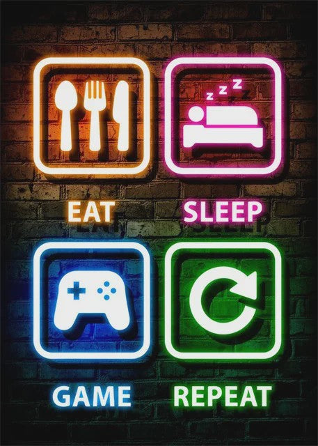 Gaming Neon Canvas Poster: Eat Sleep Game Repeat - Decoratie voor Gamer Kamer