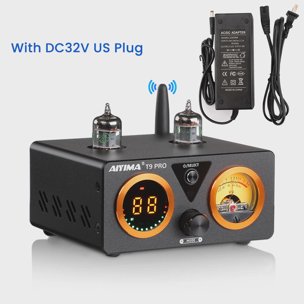 AIYIMA T9 PRO HiFi Bluetooth 5.2 Tube Versterker met VU Meter - 100W x 2 Stereo Audio Amp met USB DAC, COAX & OPT