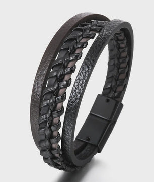 Trendy Heren Leren Armband - RVS & Gevlochten Touw, 21cm