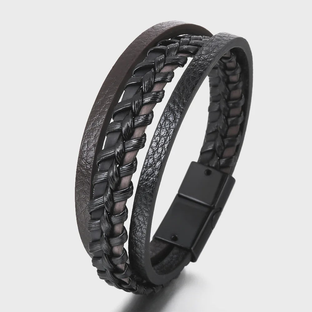 Trendy Heren Leren Armband - RVS & Gevlochten Touw, 21cm