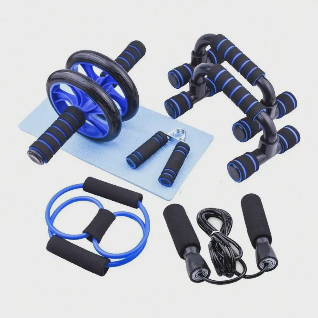 7-delige Home Workout Set: Springtouw, Handknijper, Push-up Bars & Buikroller