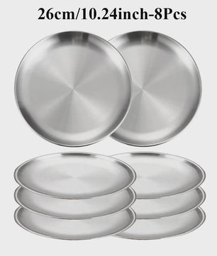 8-delige RVS Serveerschalen Set - Ronde Metalen Borden voor Diner, BBQ & Camping
