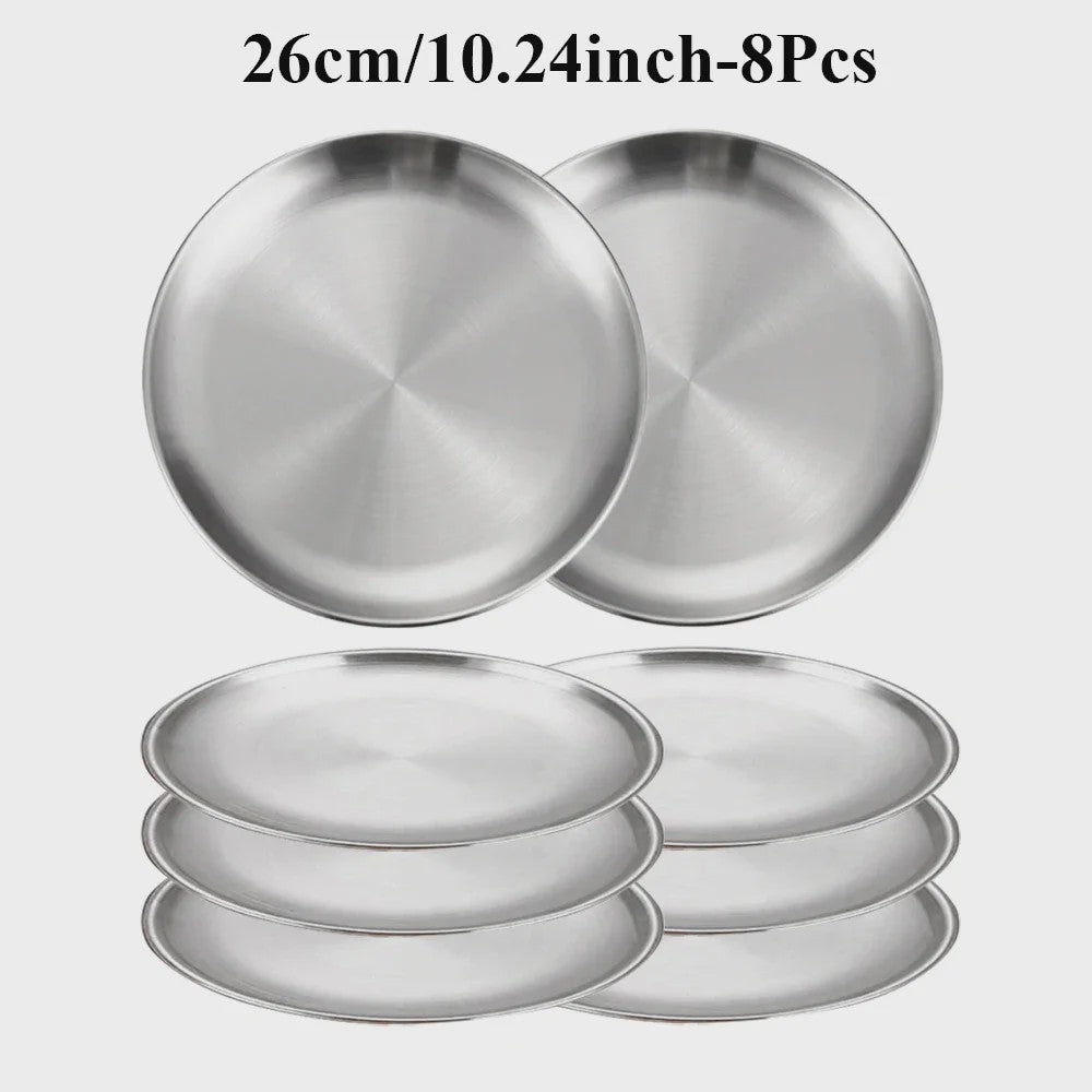 8-delige RVS Serveerschalen Set - Ronde Metalen Borden voor Diner, BBQ & Camping