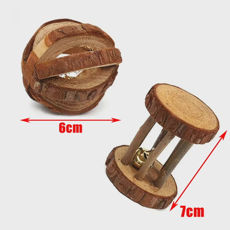 Natuurlijk Houten Speelgoed Set voor Knaagdieren, Konijnen & Hamsters - Kauwspeelgoed met Bel & Bal