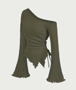 Dames Off-Shoulder T-shirt met Trompetmouwen en Asymmetrische Pasvorm