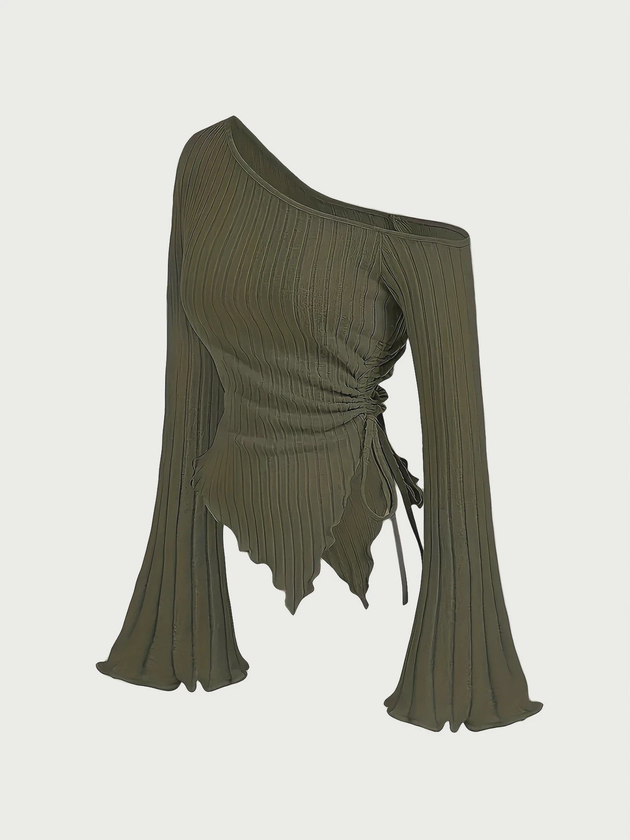 Dames Off-Shoulder T-shirt met Trompetmouwen en Asymmetrische Pasvorm