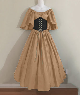 Middeleeuwse Retro Jurk met Contrastkleuren en Off-Shoulder Halslijn