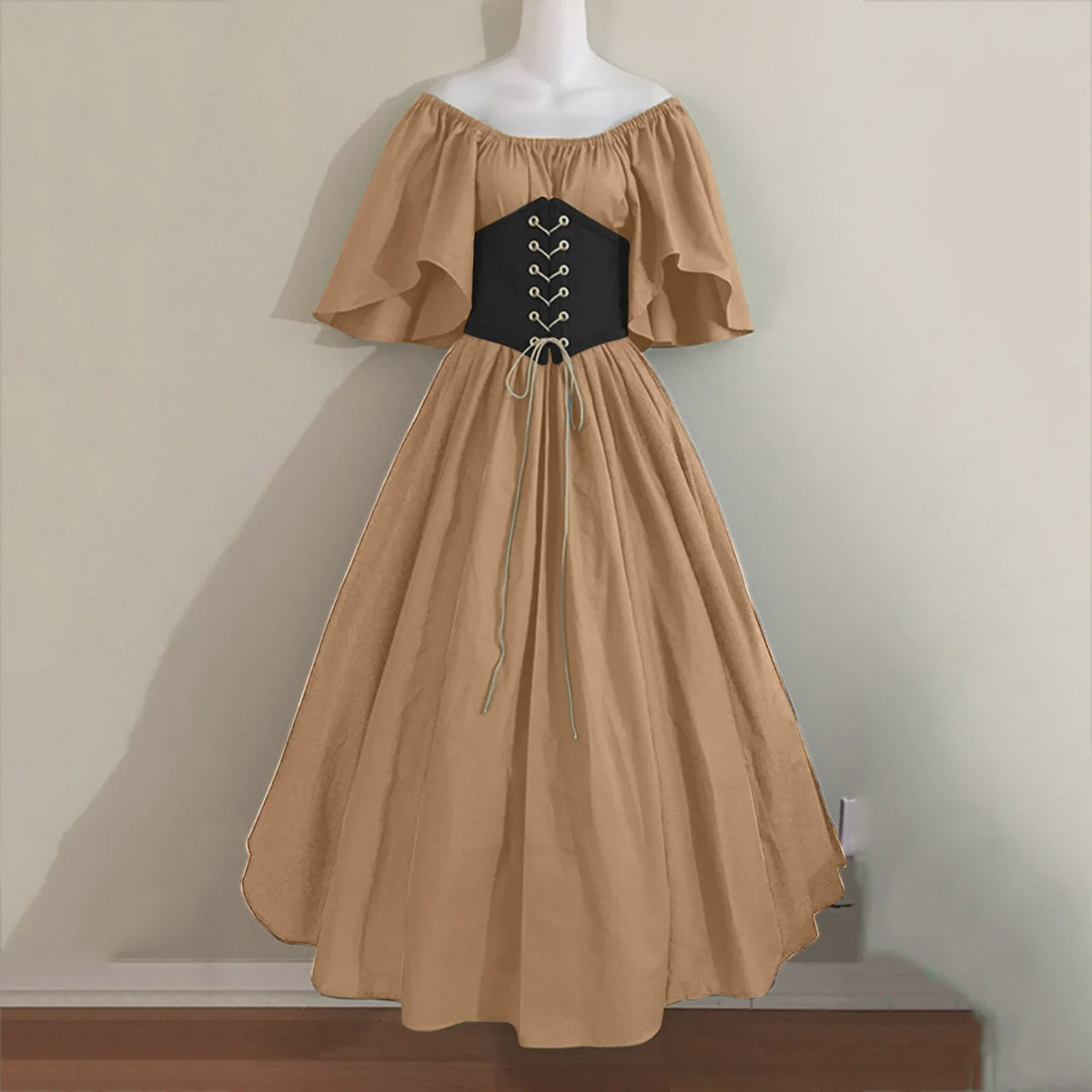 Middeleeuwse Retro Jurk met Contrastkleuren en Off-Shoulder Halslijn