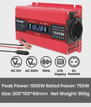 Krachtige 1500W-3000W Auto Omvormer (DC12V/24V naar AC230V) met LCD, USB & EU-stopcontact