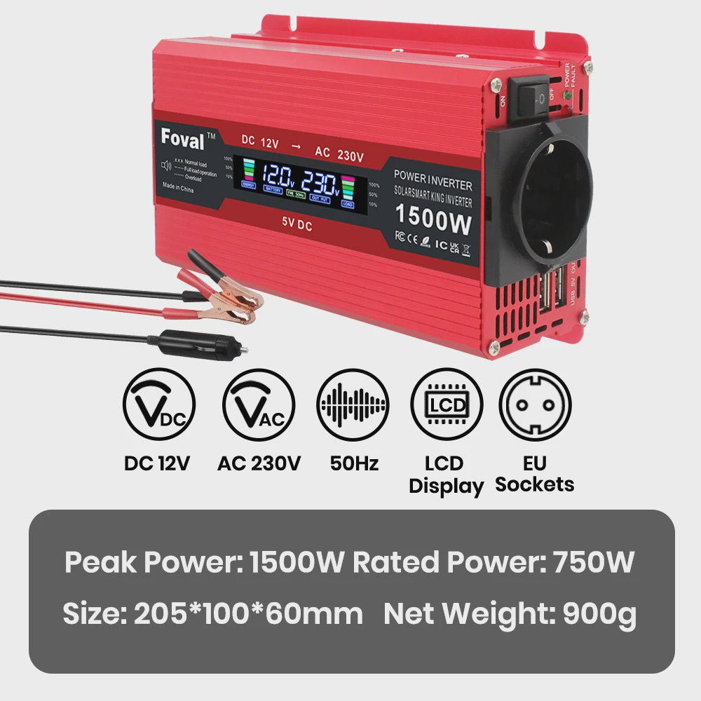 Krachtige 1500W-3000W Auto Omvormer (DC12V/24V naar AC230V) met LCD, USB & EU-stopcontact