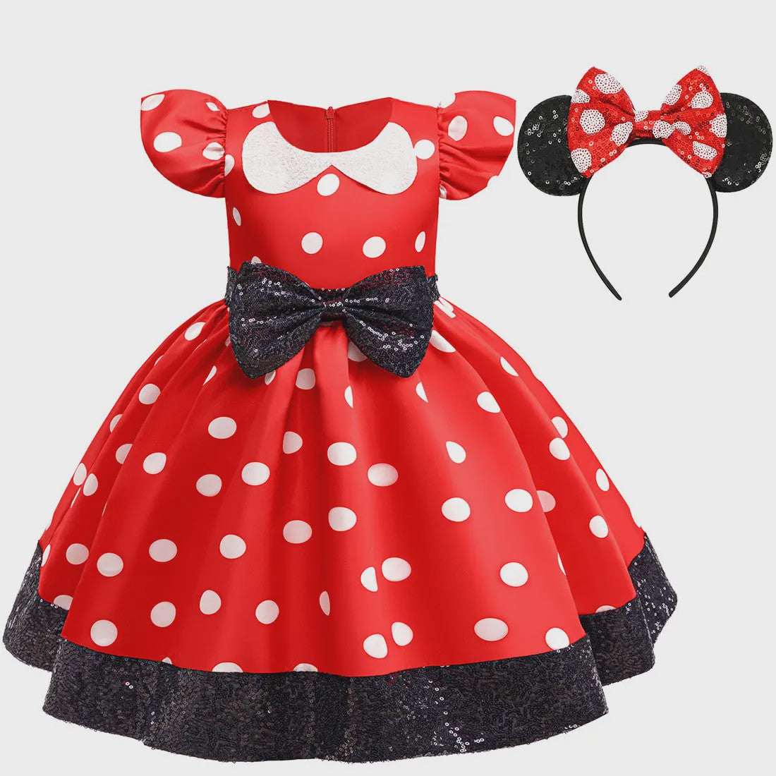 Minnie Mouse Jurk Meisjes Rood Polka Dot met Grote Pailletten Strik - Feestjurk