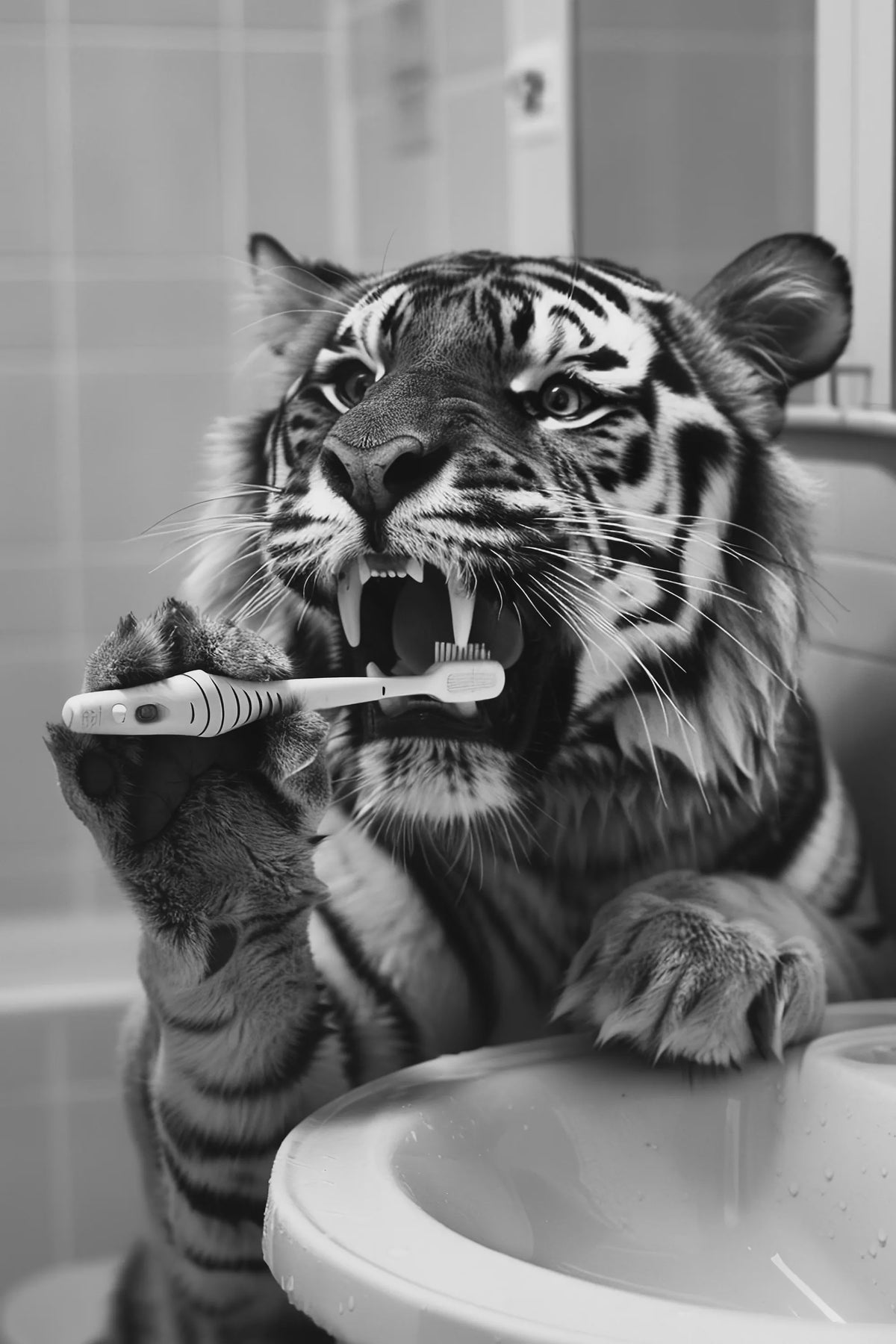 Grappige Poster Set: Zwart-Wit Dieren Poetsen Tanden - Canvas Kunst voor Woonkamer & Slaapkamer