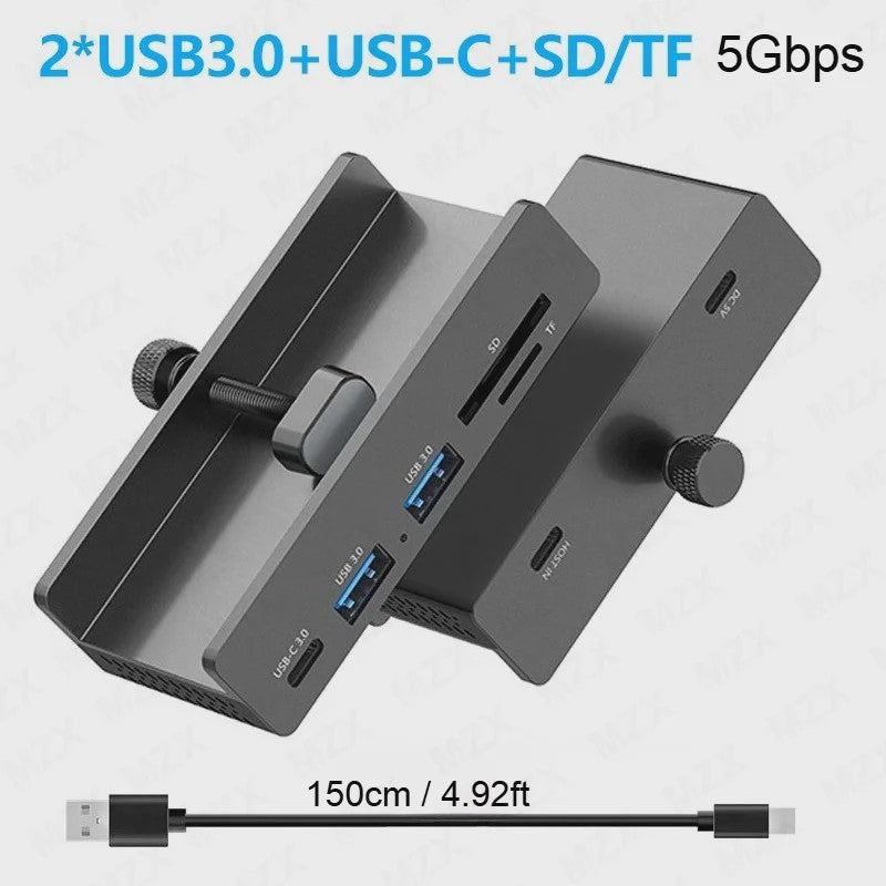 Aluminium USB 3.0/3.2 Hub met Clip: 5Gbps/10Gbps Docking Station voor Monitor & Bureau