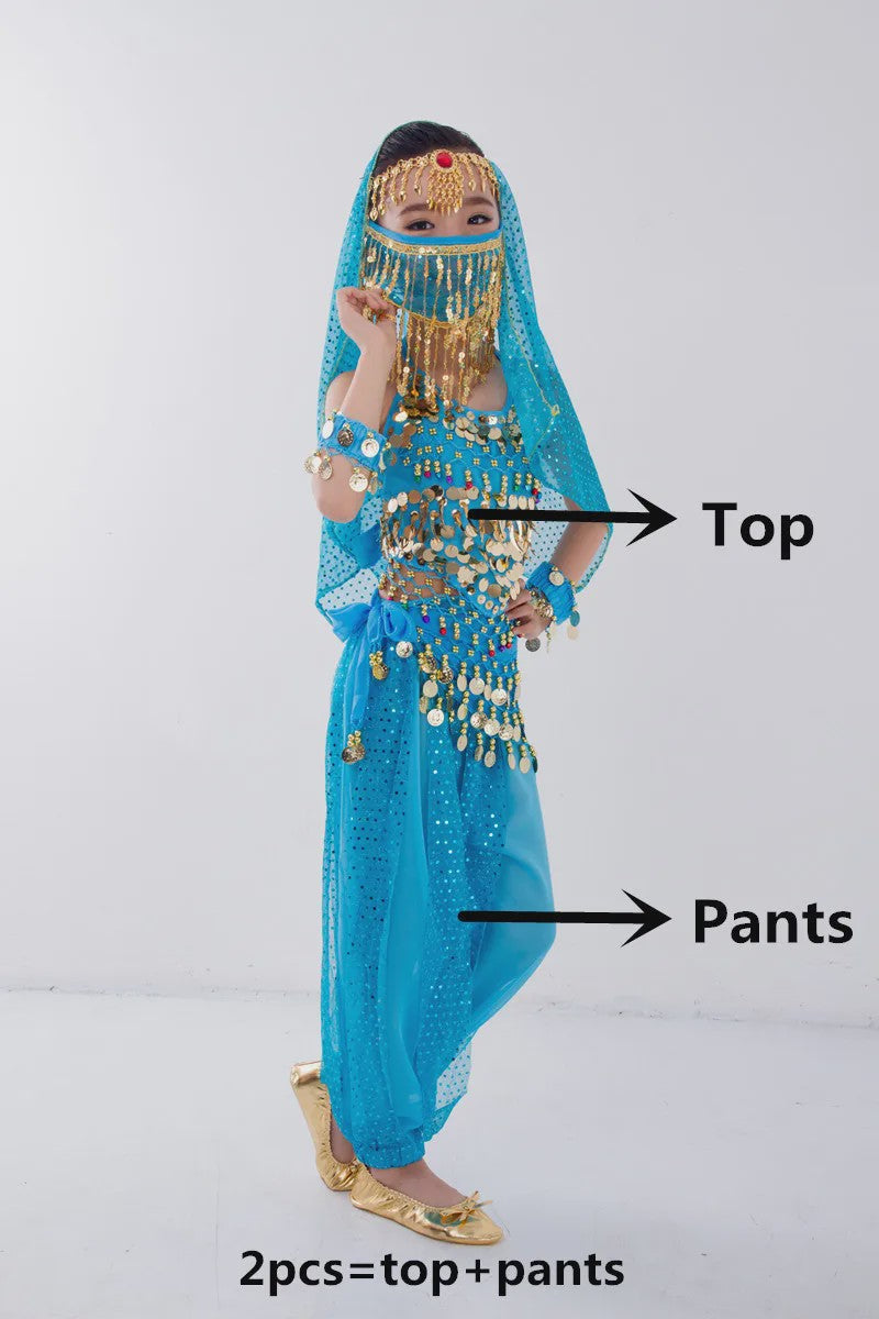 Kind Buikdans Kostuum Set: Broek, Sluier & Accessoires (2-8 Delig)