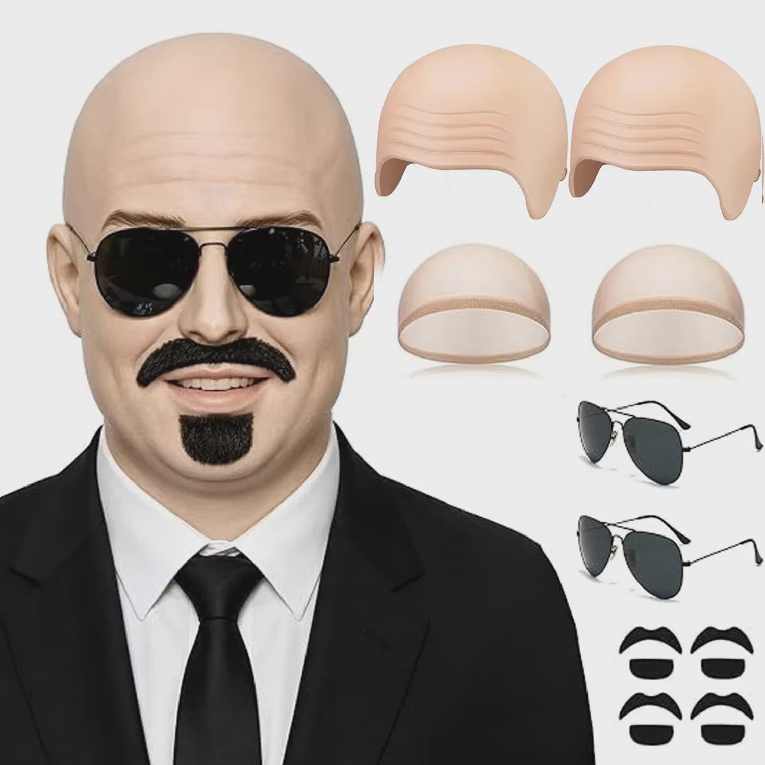 Set van 4 Kale Hoofd Pruikenkapjes & Accessoires voor Cosplay en Feest