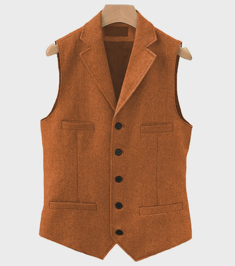 Herentrui Gilet Wol Tweed Visgraat Bruin - Klassiek Gilet voor Bruiloft & Feest
