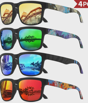 4-delige Set Vierkante Sportzonnebrillen met Designer Tempelpatroon - UV400 Bescherming