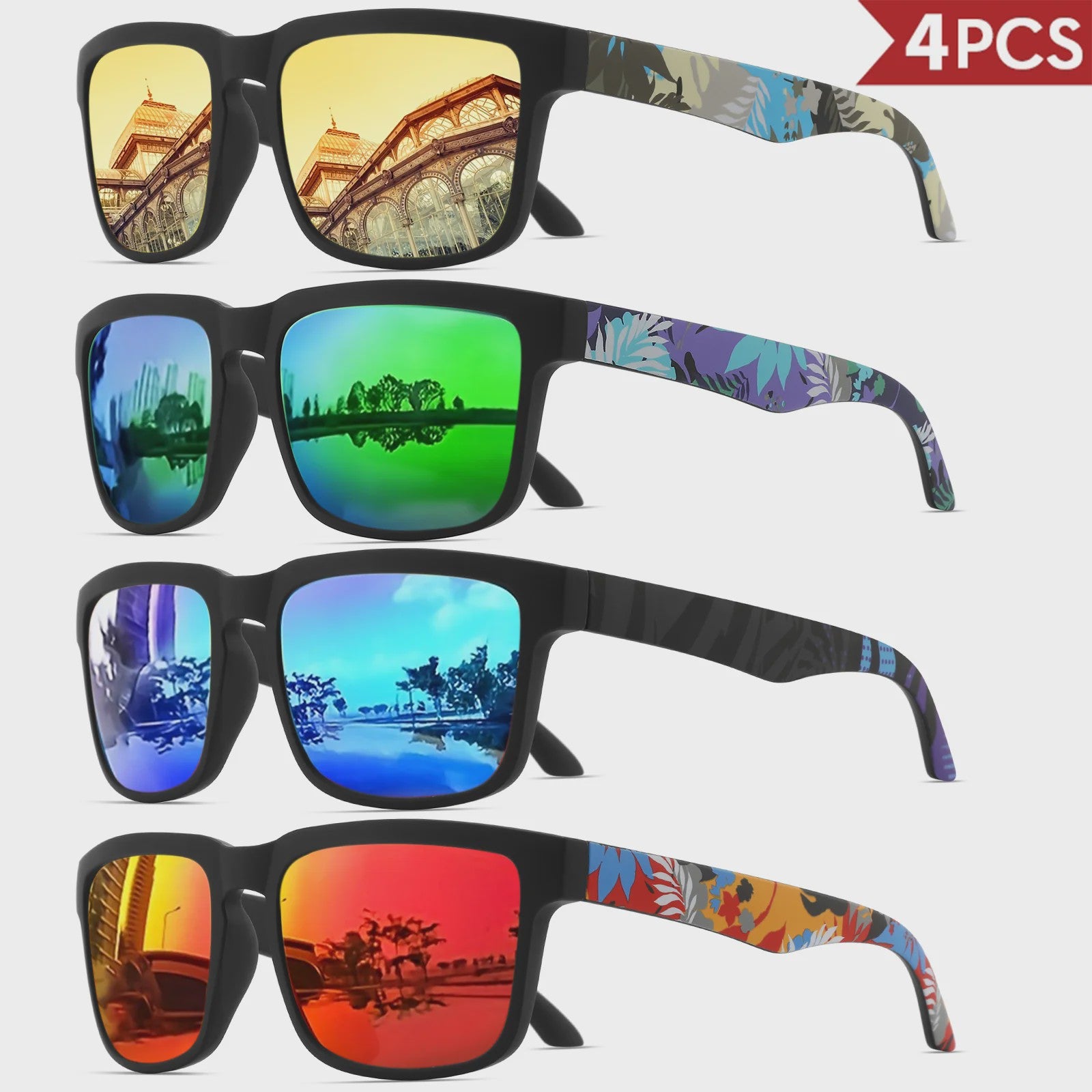 4-delige Set Vierkante Sportzonnebrillen met Designer Tempelpatroon - UV400 Bescherming