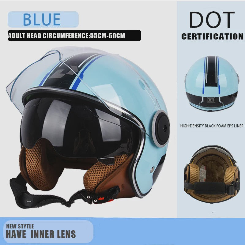 Vintage Open Motorhelm met Dubbel Vizier - DOT Gecertificeerd, Retro Stijl