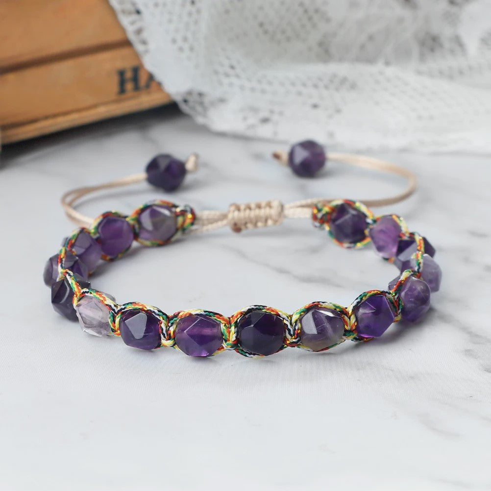 Unieke Kralen Armband - Natuurlijke Tijgeroog, Amethist & Rozenkwarts - Verstelbaar