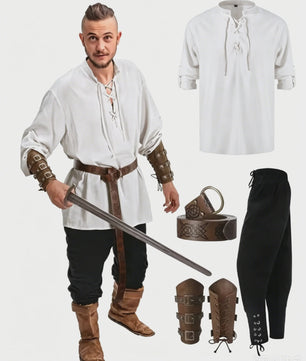 Herencostuum Middeleeuwse Piraat/Viking - Renaissance Set met Shirt, Broek, Riem & Armboeien