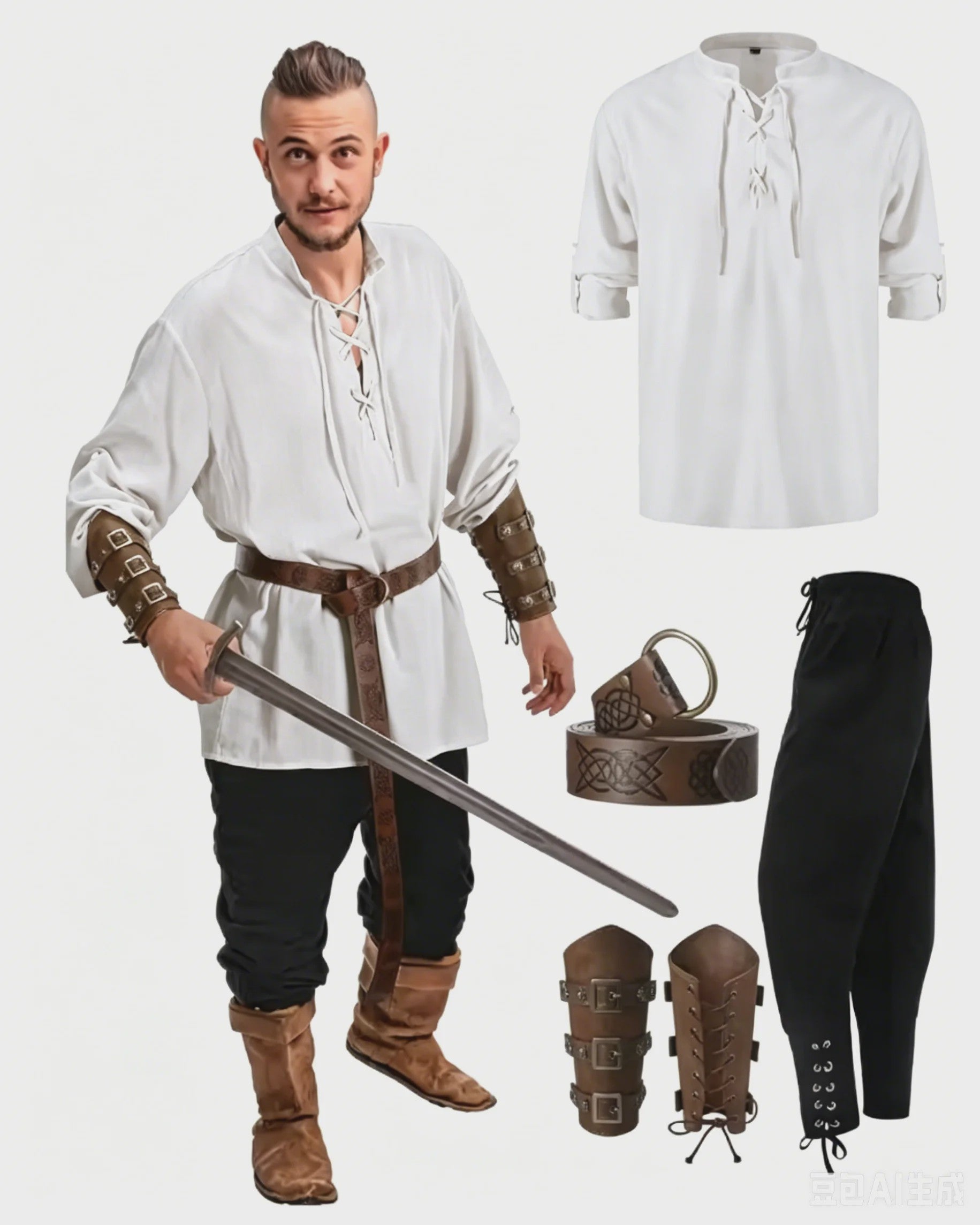 Herencostuum Middeleeuwse Piraat/Viking - Renaissance Set met Shirt, Broek, Riem & Armboeien