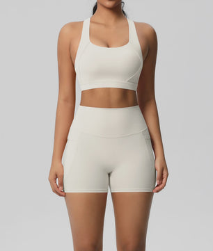 Dames Yoga Set: Sportieve Kleding met Hoge Taille Shorts en Sportbeha met Zakken