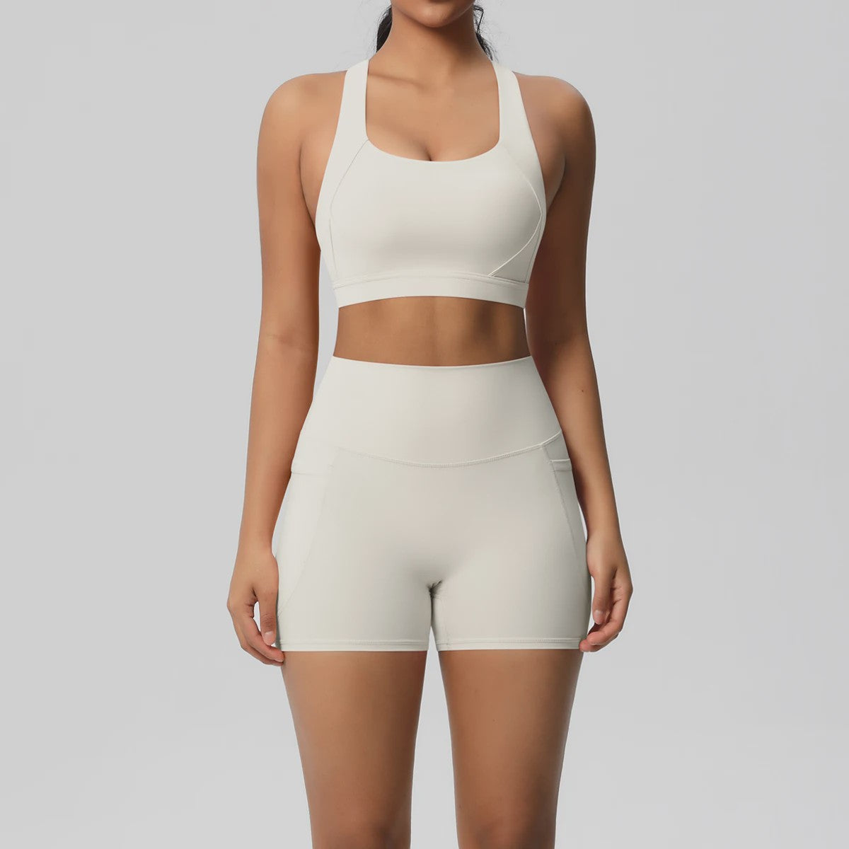 Dames Yoga Set: Sportieve Kleding met Hoge Taille Shorts en Sportbeha met Zakken