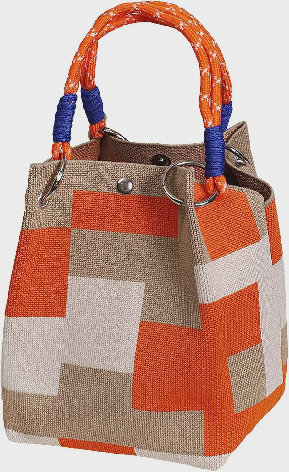 Mini Gebreide Bucket Bag Dames - Kleurrijk Colorblock Polstasje met Afneembare Handgreep