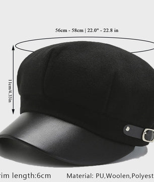 Klassieke Zwarte PU Lederen Baret met Vizier - Retro Stijl Pet voor Dames