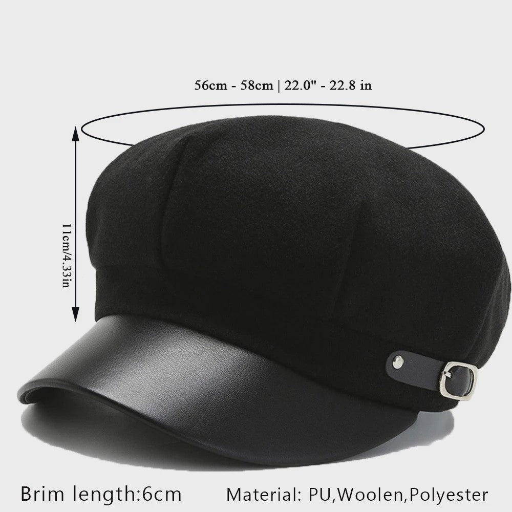 Klassieke Zwarte PU Lederen Baret met Vizier - Retro Stijl Pet voor Dames