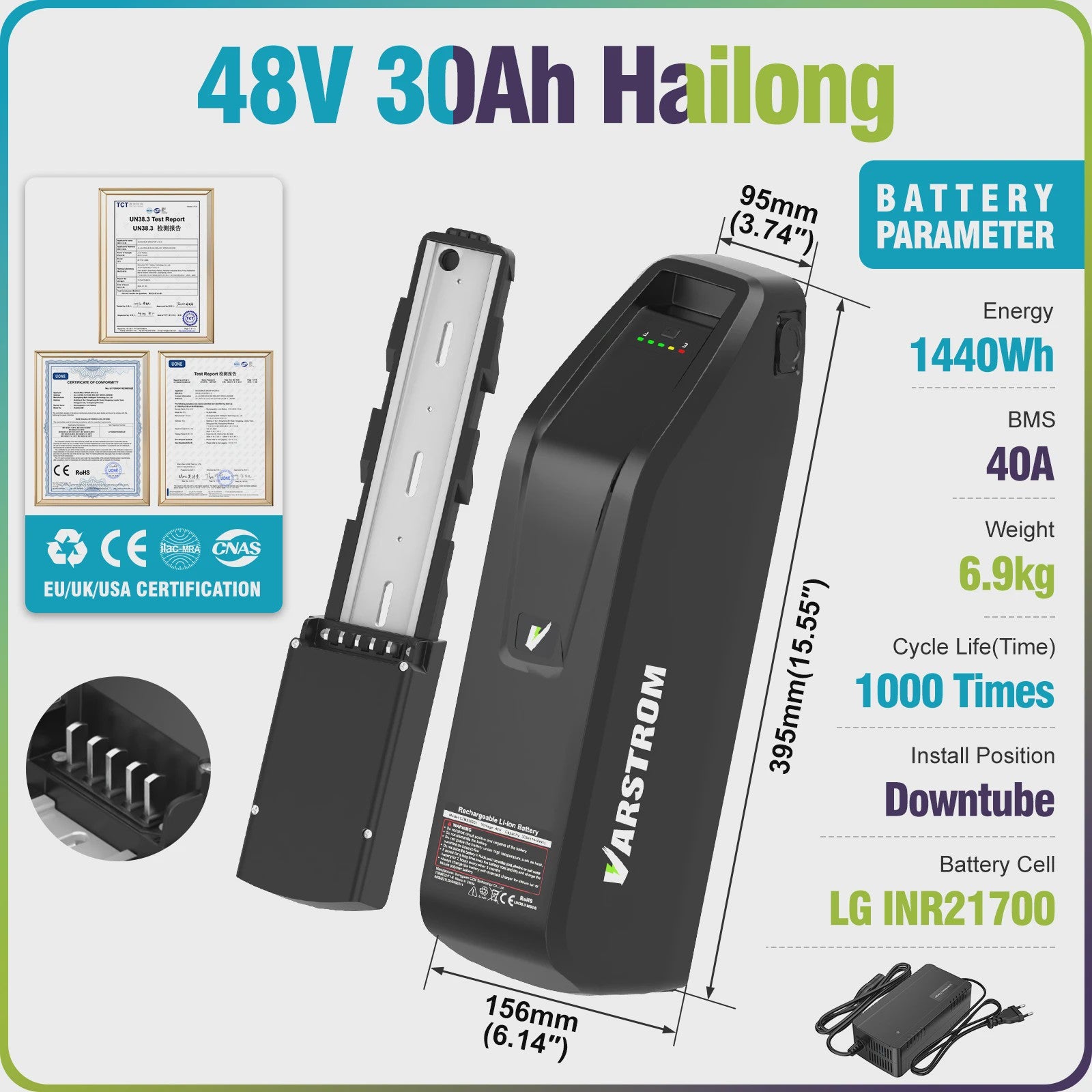 Varstrom E-bike Batterij 36V/48V/52V - Krachtige Lithium Accu met 40A BMS & Lange Levensduur