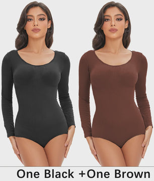 POKARLA Spandex Elastic Body Suit Shapewear Women Body Shaper Tummy Control Long Sleeve Open Crotch Round Neck Seamless Shapers