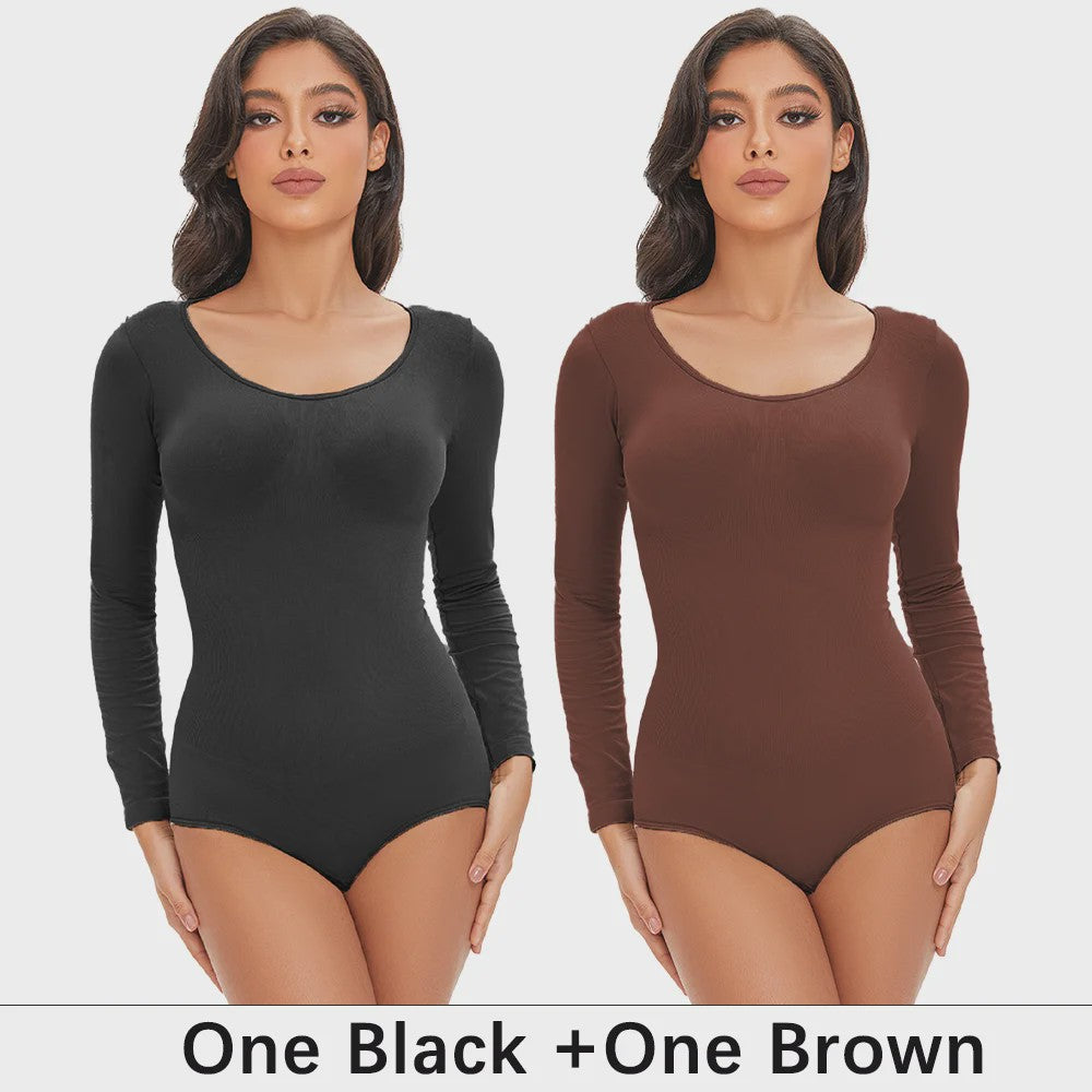 POKARLA Spandex Elastic Body Suit Shapewear Women Body Shaper Tummy Control Long Sleeve Open Crotch Round Neck Seamless Shapers