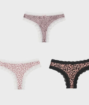 3-Pack Dames Slipjes met Kantrand - Low-Waist Thong & G-String in Luipaardprint en Effen Kleuren