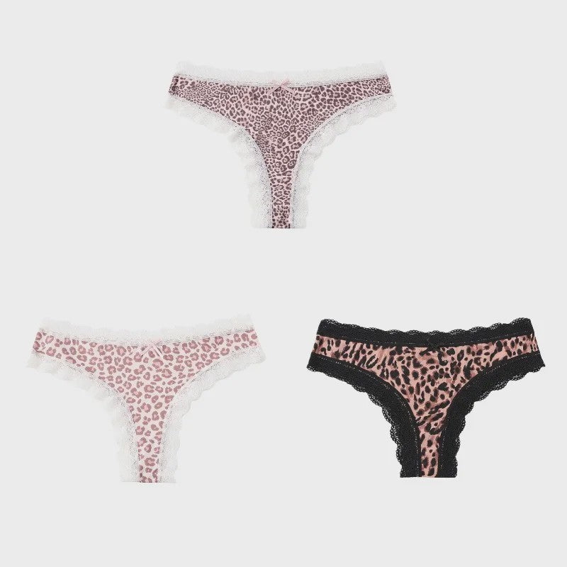 3-Pack Dames Slipjes met Kantrand - Low-Waist Thong & G-String in Luipaardprint en Effen Kleuren
