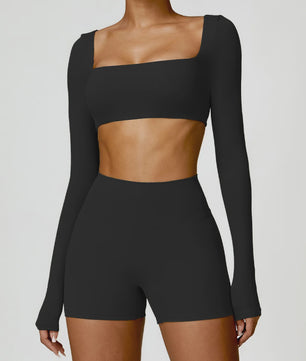 Dames Yoga Set 2-Delig: Sneldrogend Sportpak met Lange Mouwen Top en Hoge Taille Shorts
