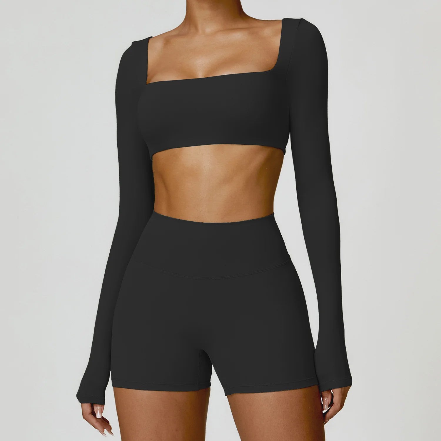 Dames Yoga Set 2-Delig: Sneldrogend Sportpak met Lange Mouwen Top en Hoge Taille Shorts