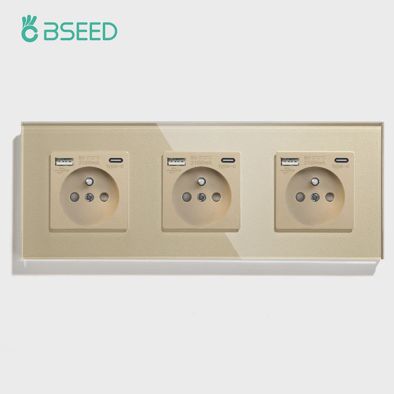 BSEED Wandcontactdoos met Dubbele USB & Type-C Poorten - Stijlvol Glazen Frame