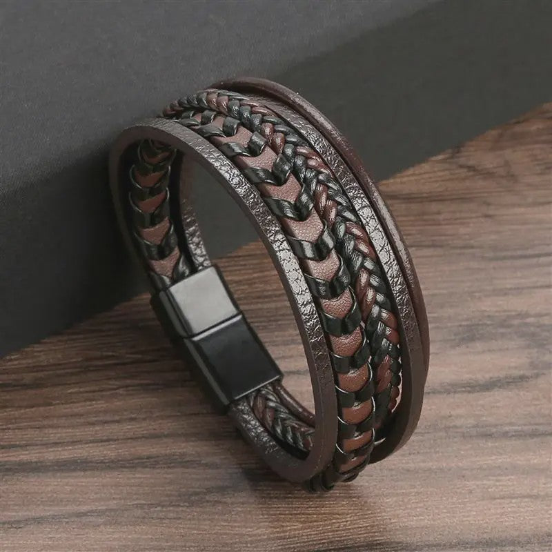 Stijlvolle Heren Armband van Gevlochten Leer - Multi-layer Fashion Accessoire